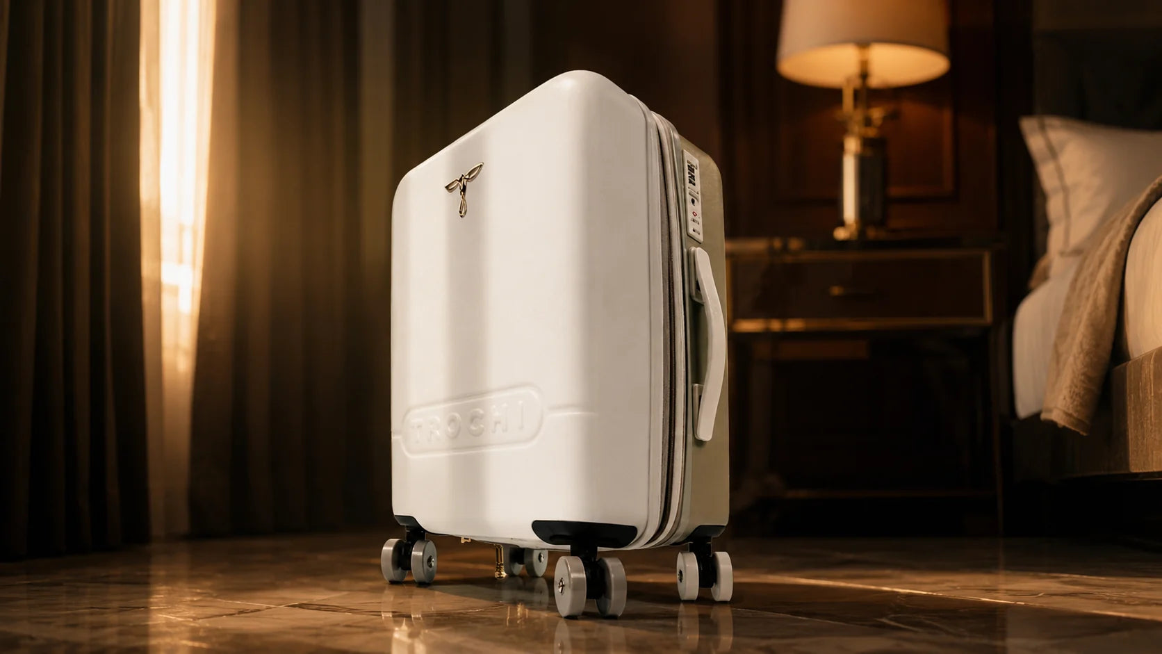 TROCHI white carry-on luggage in a luxury hotel suite