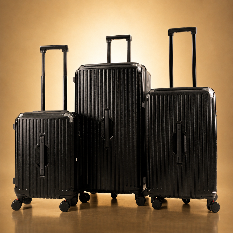 Three sizes of the TROCHI Charles Trunk hardshell luggage standing together