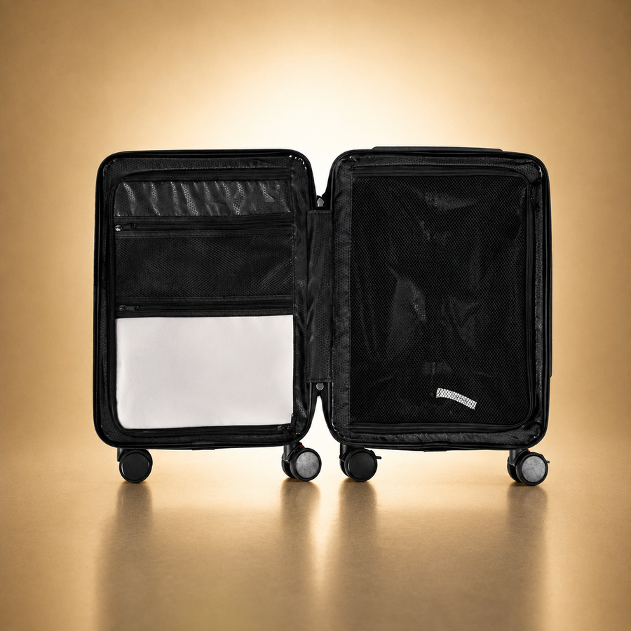 A TROCHI Charles Trunk carry-on lying open, showing both packing compartments