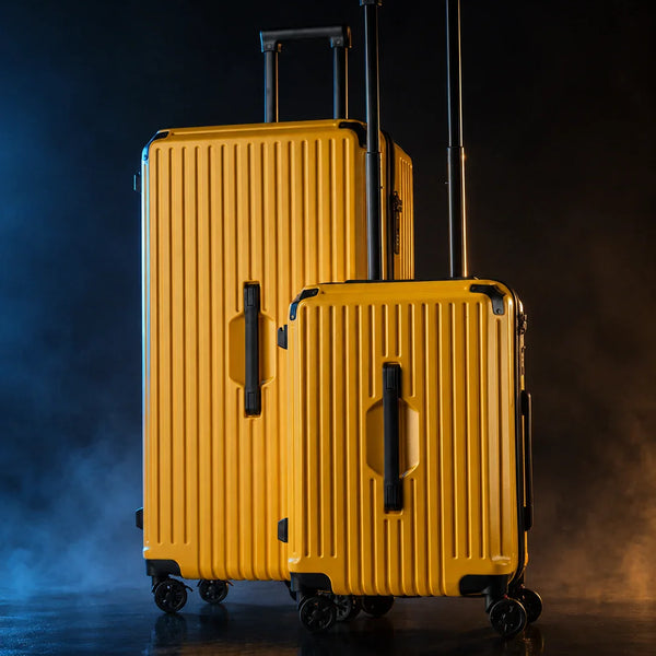 TROCHI Blue Line luggage collection with yellow hardshell suitcases in blue and gold lighting