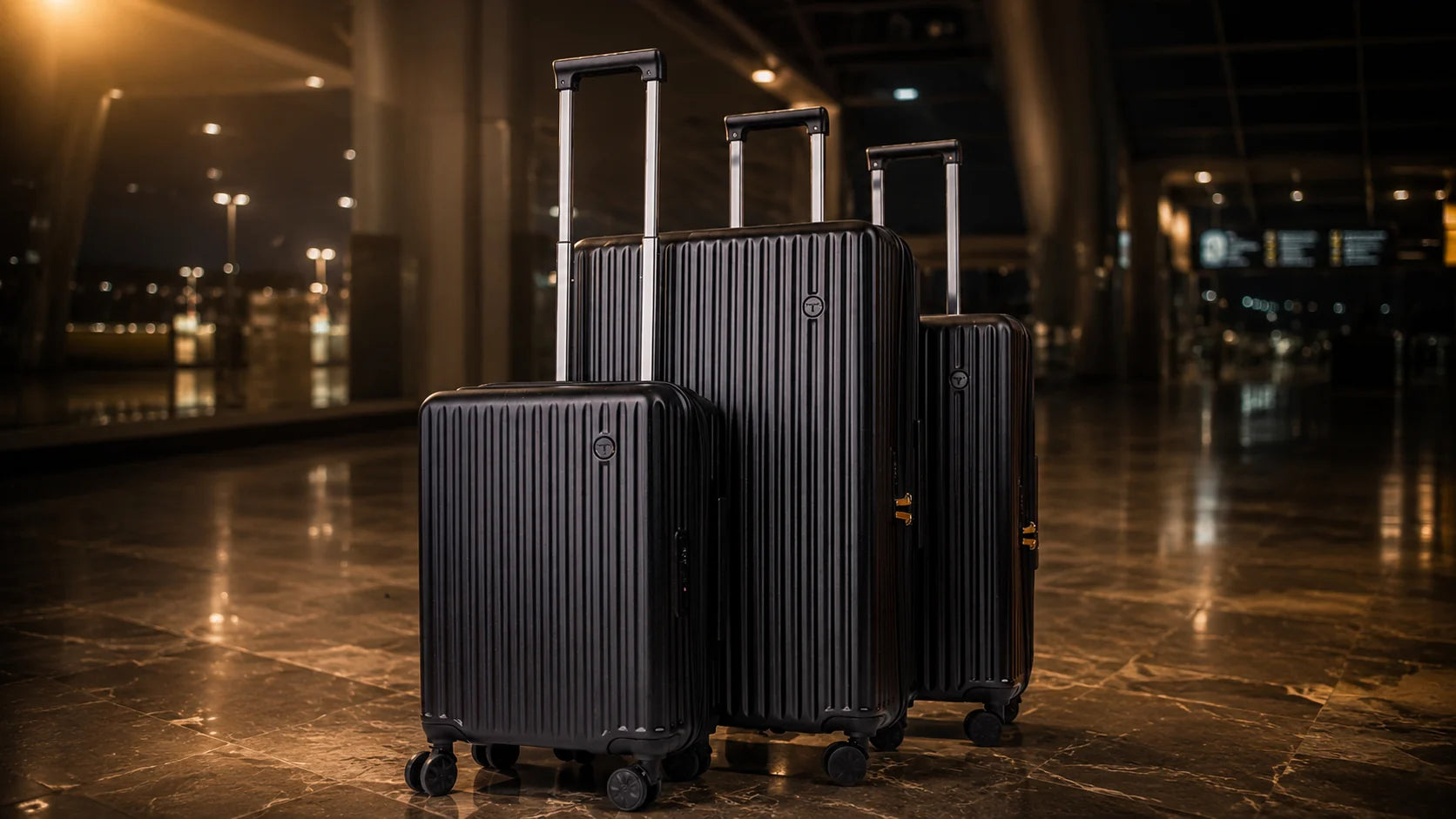 TROCHI black hardshell luggage set in a luxury airport terminal