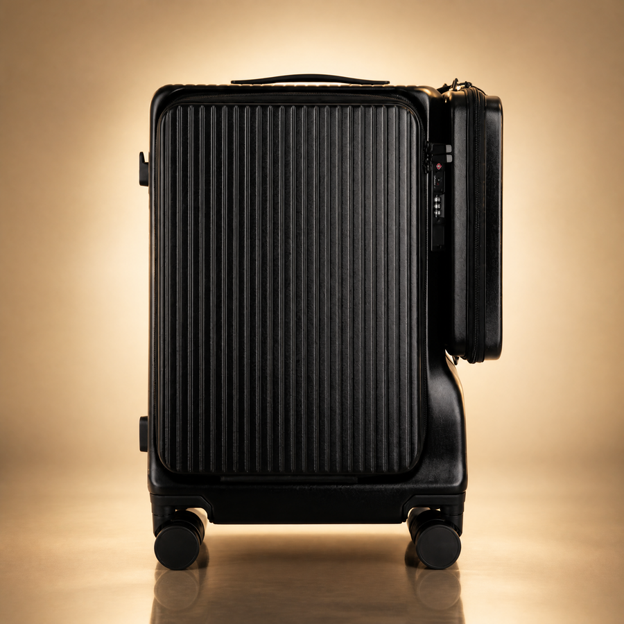 Trochi Guerilla Multi-Functional Carry-On in Black - champagne studio front view