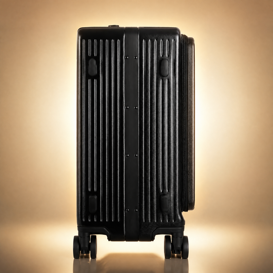 Trochi Guerilla Multi-Functional Carry-On in Black - champagne studio left side view