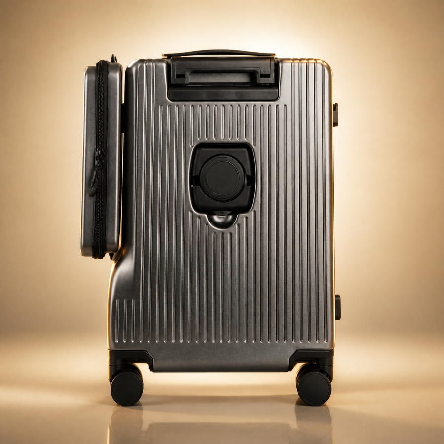 Trochi Guerilla Multi-Functional Carry-On in Gray - champagne studio back view