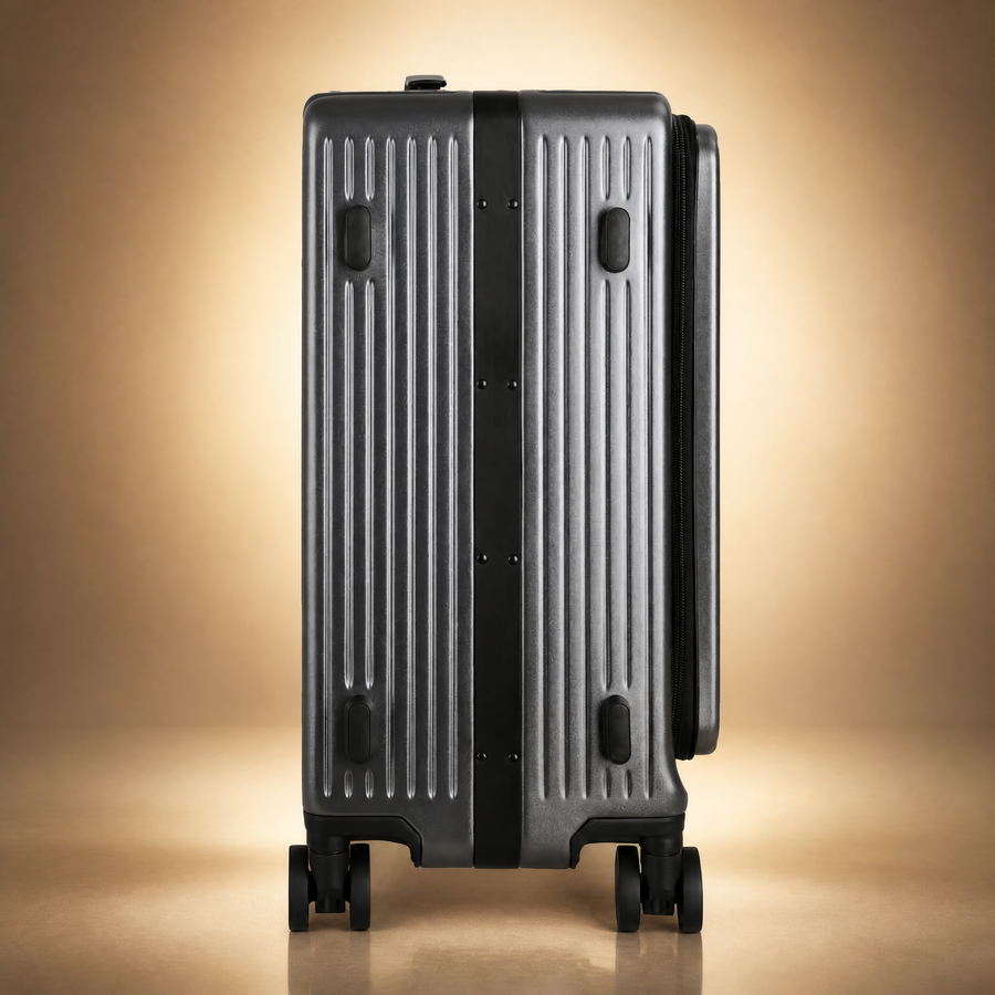 Trochi Guerilla Multi-Functional Carry-On in Gray - champagne studio left side view