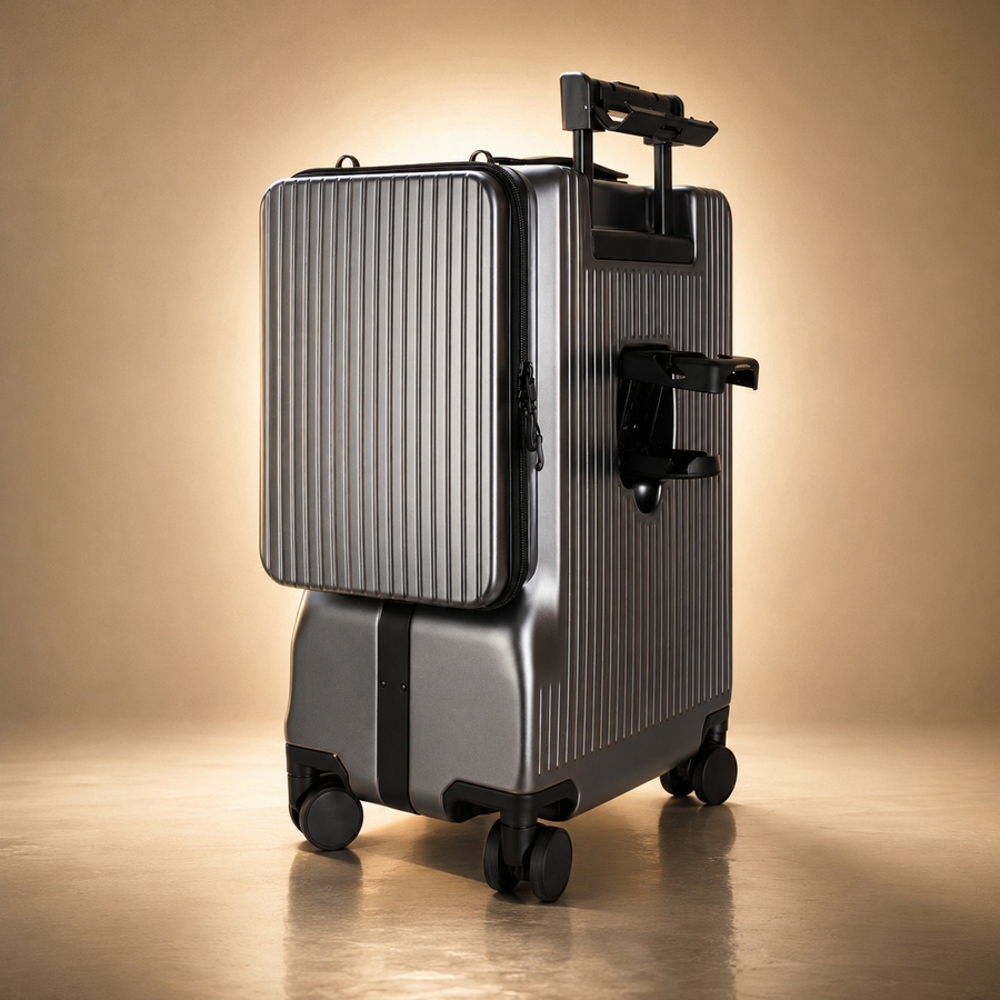 Trochi Guerilla Multi-Functional Carry-On in Gray - champagne studio side view