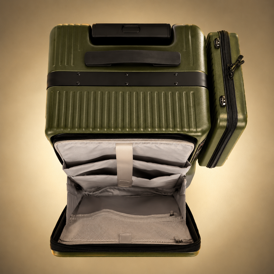 Trochi Guerilla Multi-Functional Carry-On in Green - champagne studio front open view