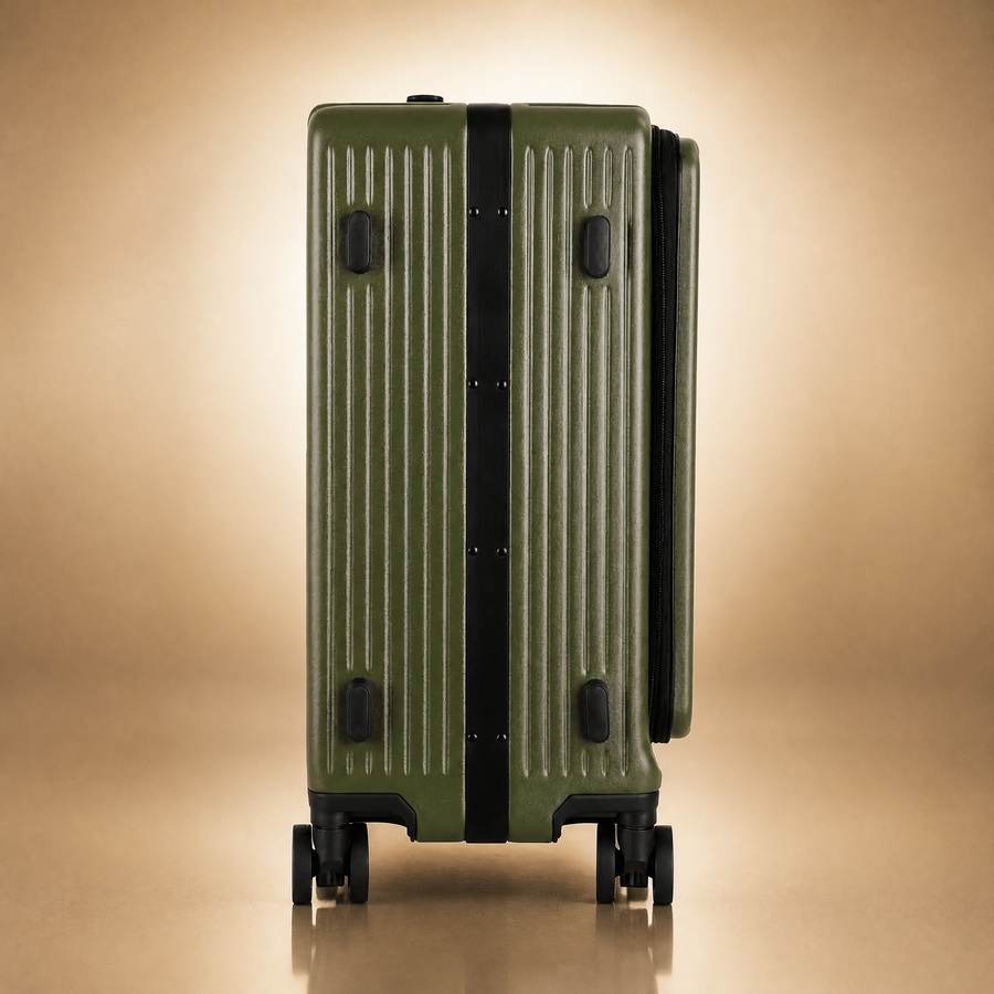 Trochi Guerilla Multi-Functional Carry-On in Green - champagne studio left side view