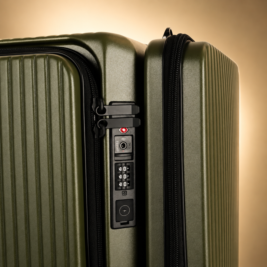 Trochi Guerilla Multi-Functional Carry-On in Green - champagne studio lock detail