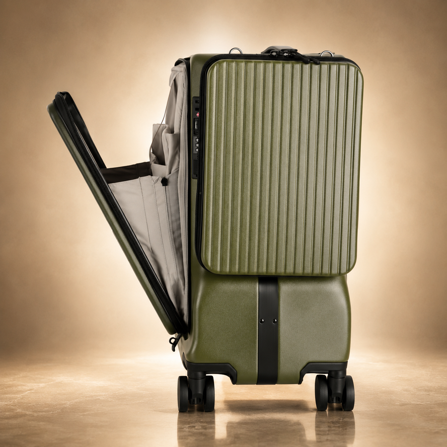 Trochi Guerilla Multi-Functional Carry-On in Green - champagne studio right side open view