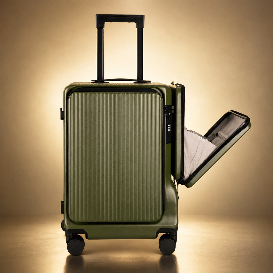 Trochi Guerilla Multi-Functional Carry-On in Green - champagne studio side open view