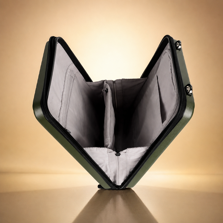 Trochi Guerilla Multi-Functional Carry-On in Green - champagne studio tech bag open view