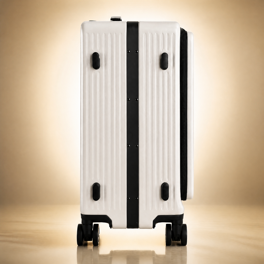 Trochi Guerilla Multi-Functional Carry-On in White - champagne studio left side view