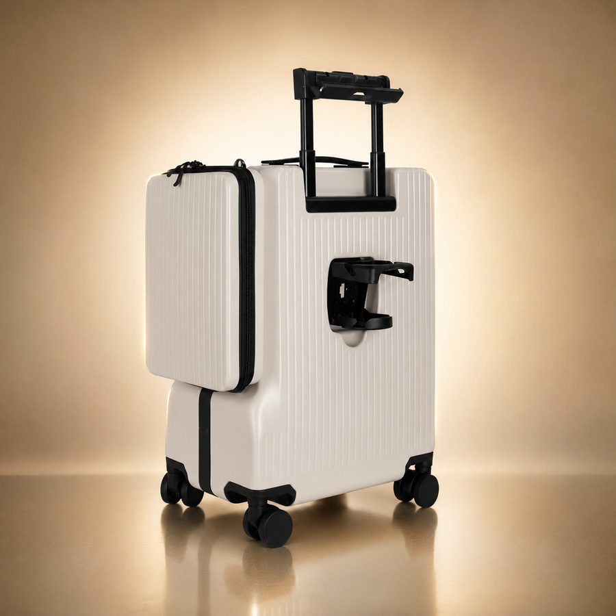Trochi Guerilla Multi-Functional Carry-On in White - champagne studio side view