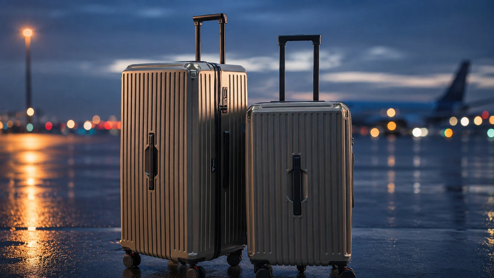 TROCHI trunk luggage set on an airport runway at dusk